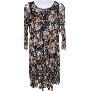 Womens Black Gold Floral Mesh Overlay Long Sleeve Midi Dress Est Sz XL Arty Boho